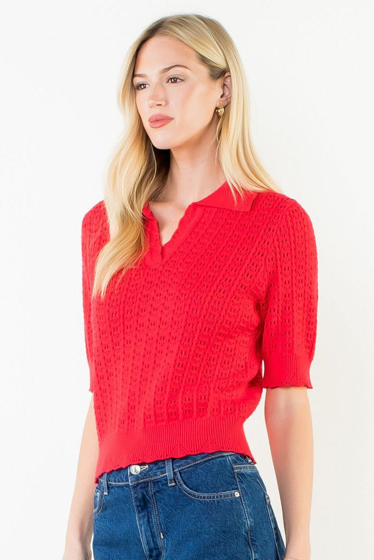 Open Knit Short Sleeve Sweater Polo- Red