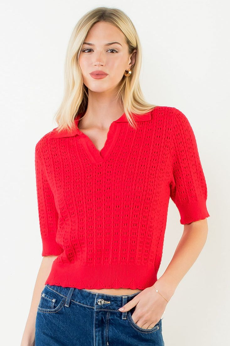 Open Knit Short Sleeve Sweater Polo- Red