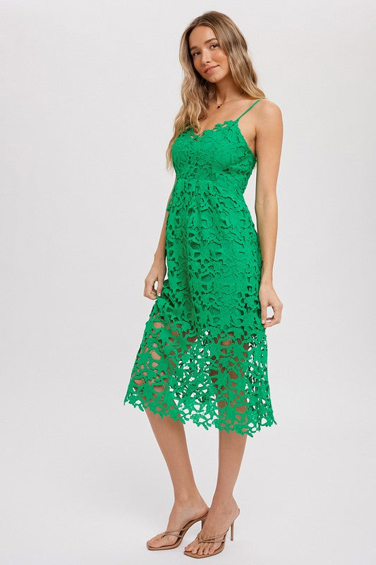 Crochet Lace Midi Dress- Kelly Green