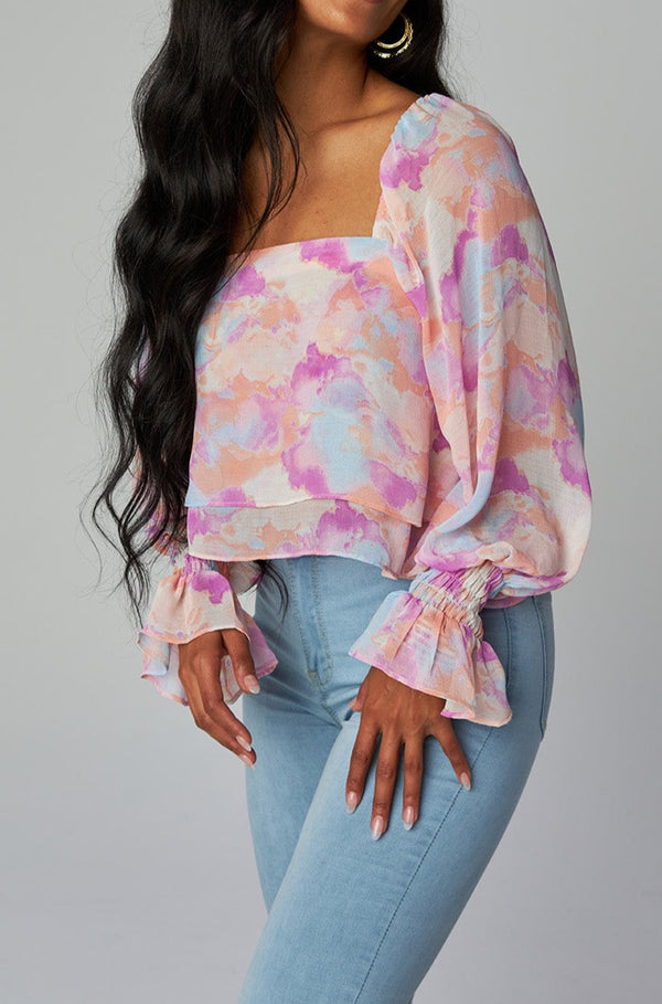 Flora Long Sleeve Top- Pink Abstract Print