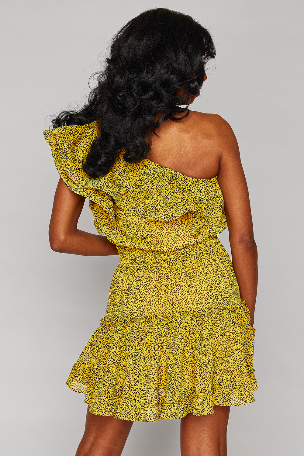 Sofia One Shoulder Ruffle Mini Dress- Yellow Animal Print
