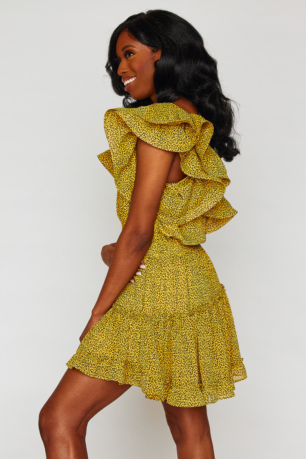 Sofia One Shoulder Ruffle Mini Dress- Yellow Animal Print