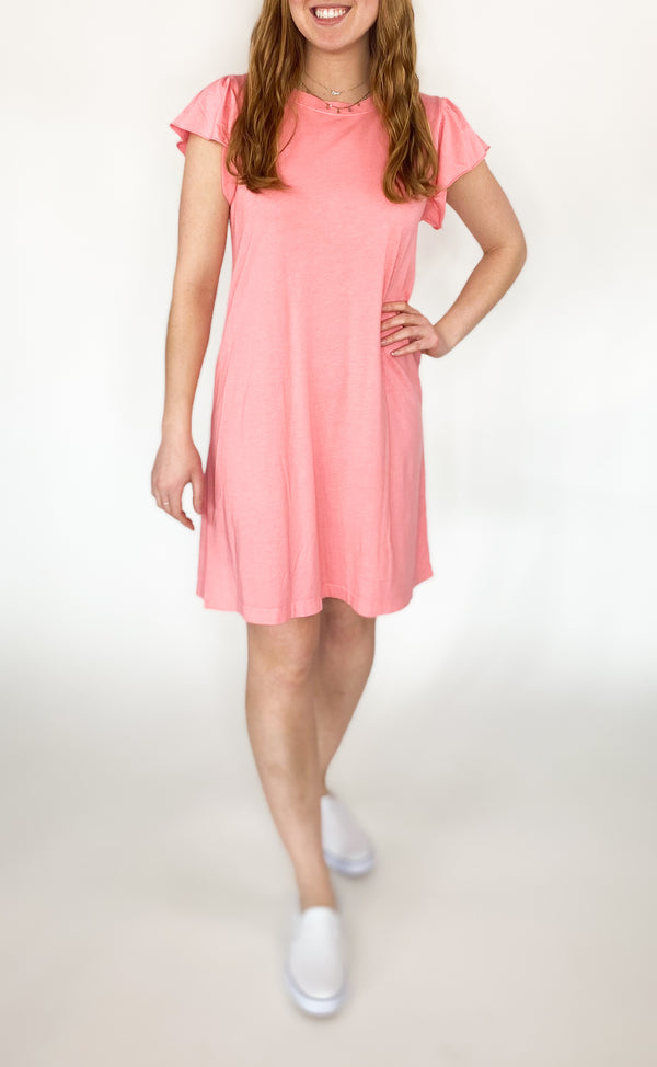 Dena Cotton Flutter Sleeve T-Shirt Dress- Pink