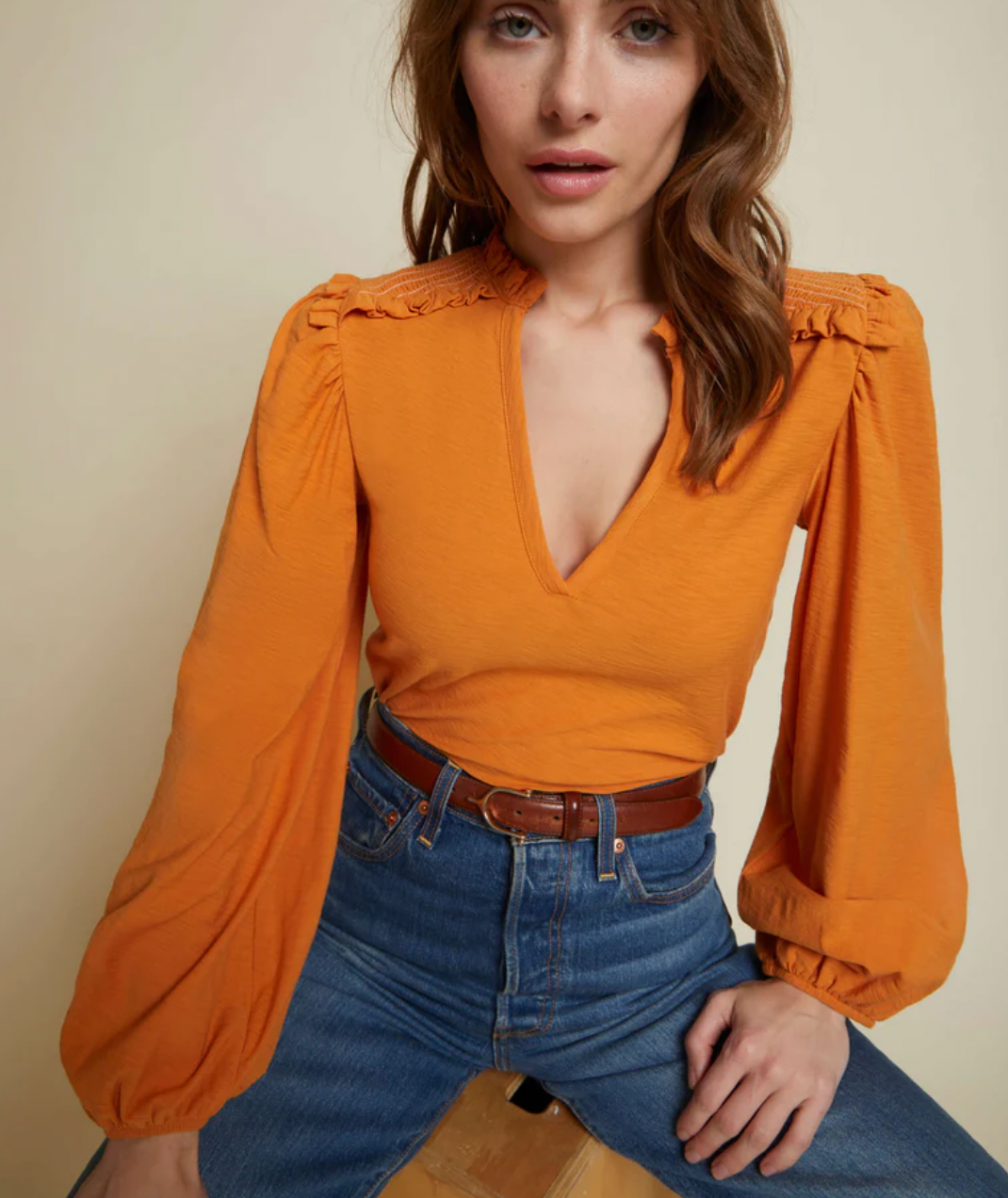 Dolly Smocked Shoulder Long Sleeve Blouse- Amber