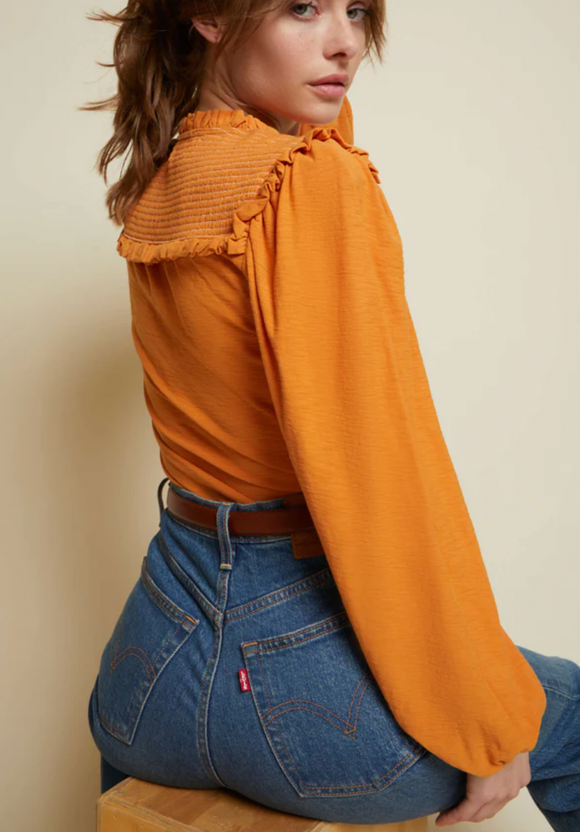 Dolly Smocked Shoulder Long Sleeve Blouse- Amber