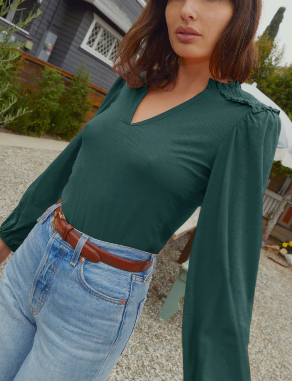 Dolly Smocked Shoulder Long Sleeve Blouse- Evergreen