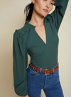 Dolly Smocked Shoulder Long Sleeve Blouse- Evergreen