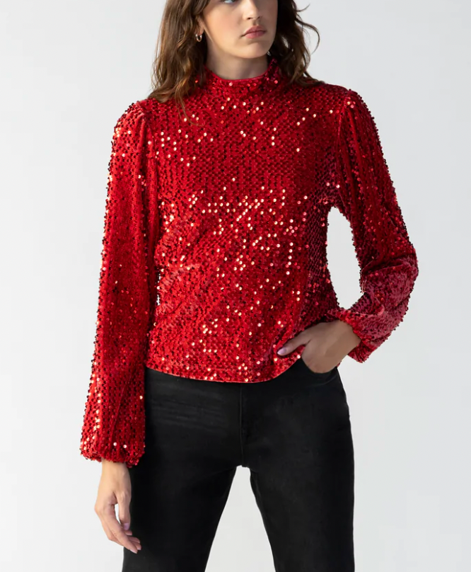 All Nighter Mock Neck Red Sequin Top