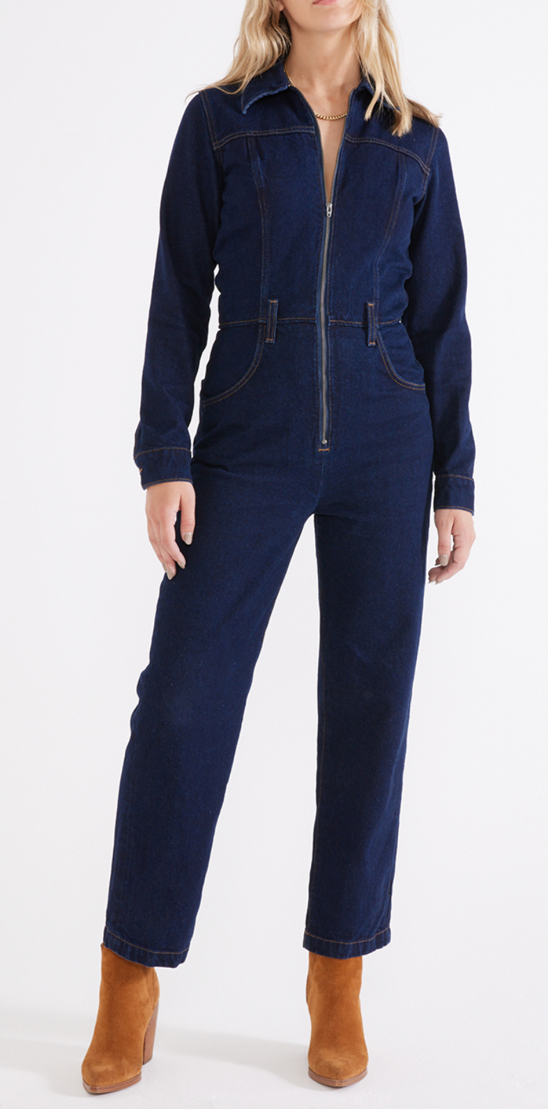 Farrah Zipper Front Denim Jumpsuit