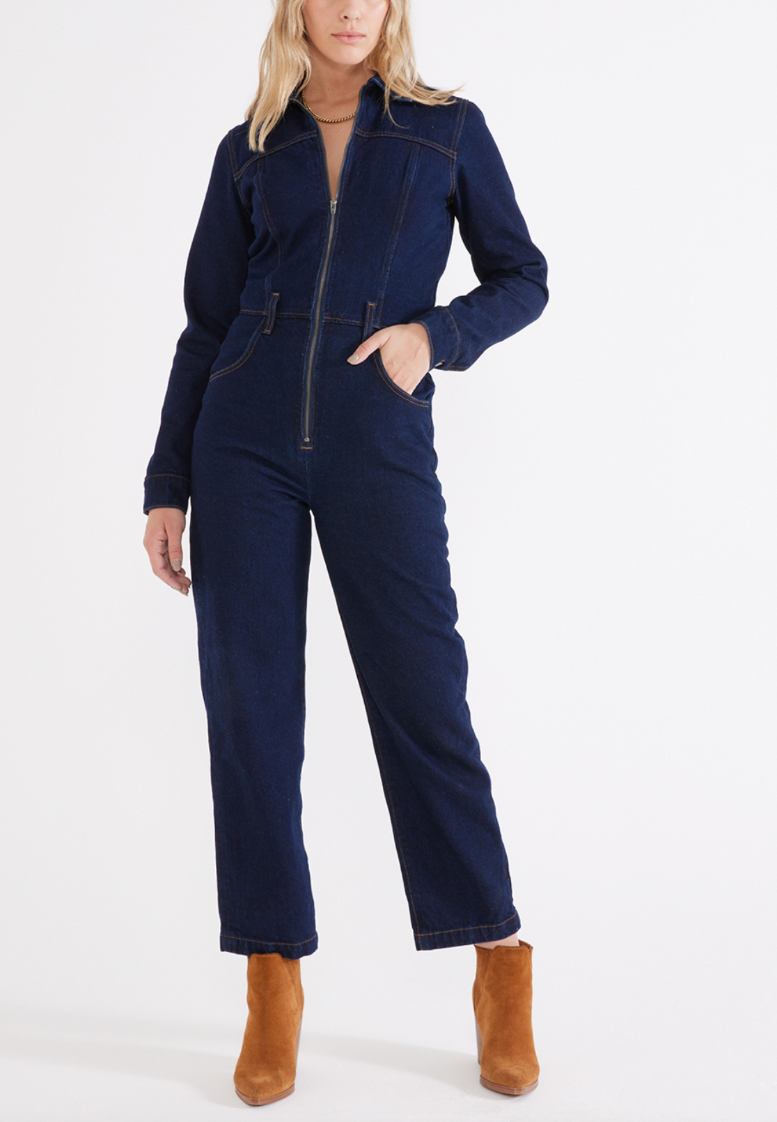 Farrah Zipper Front Denim Jumpsuit