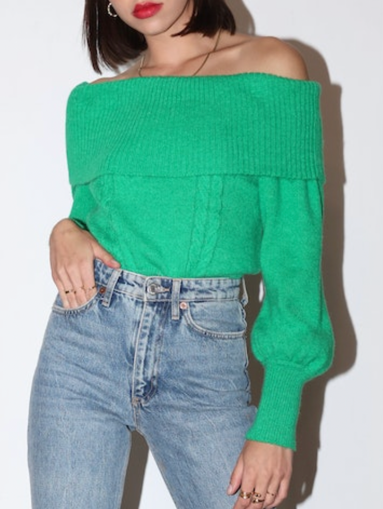 Haley Off Shoulder Sweater- Green**FINAL SALE**