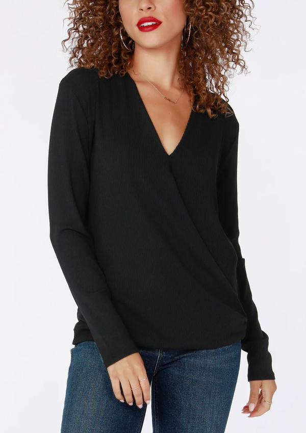 Long Sleeve Surplice Top-Black**FINAL SALE**