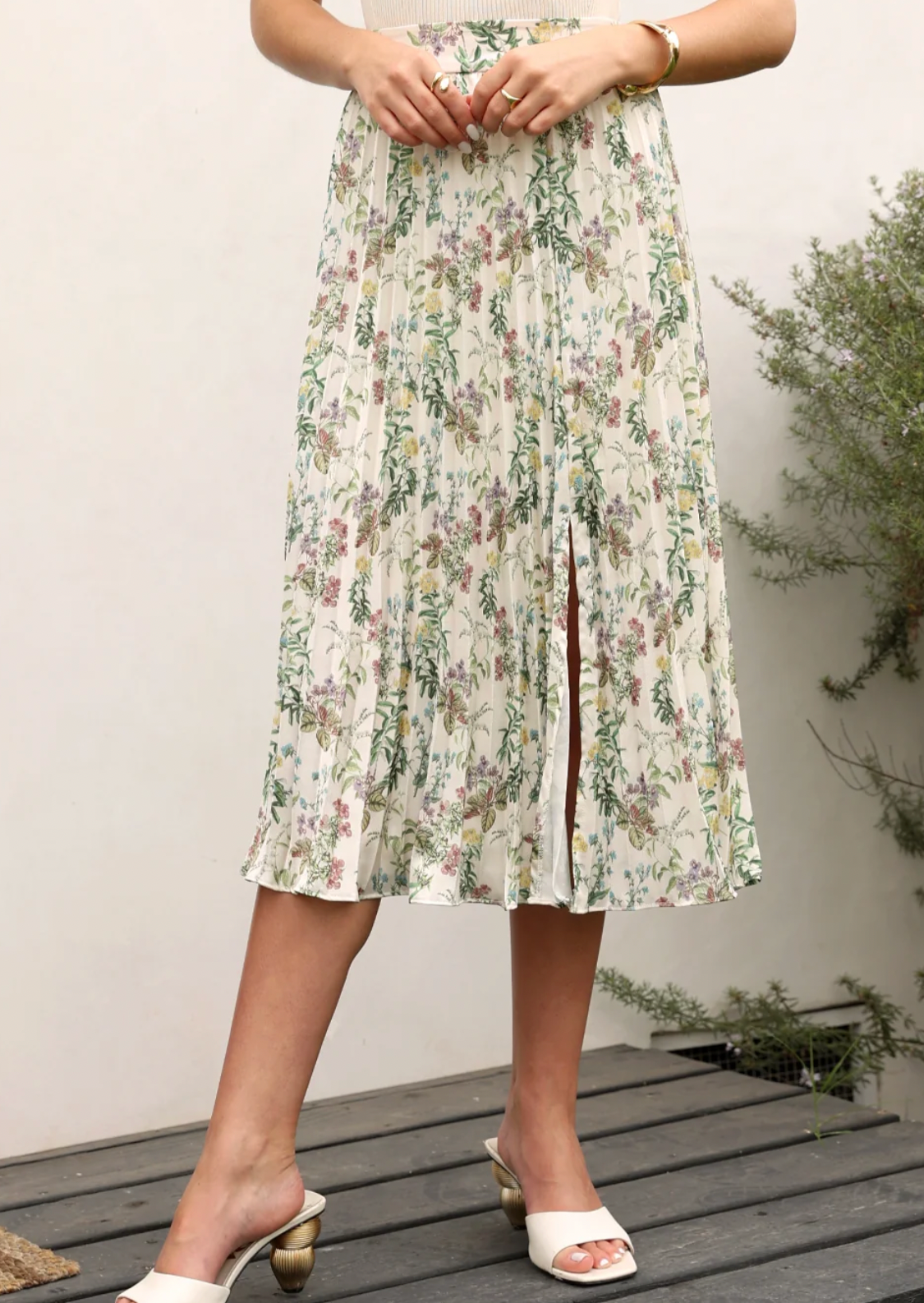 Jackie Pleated Midi Skirt- Ivory Meadow **Final Sale**