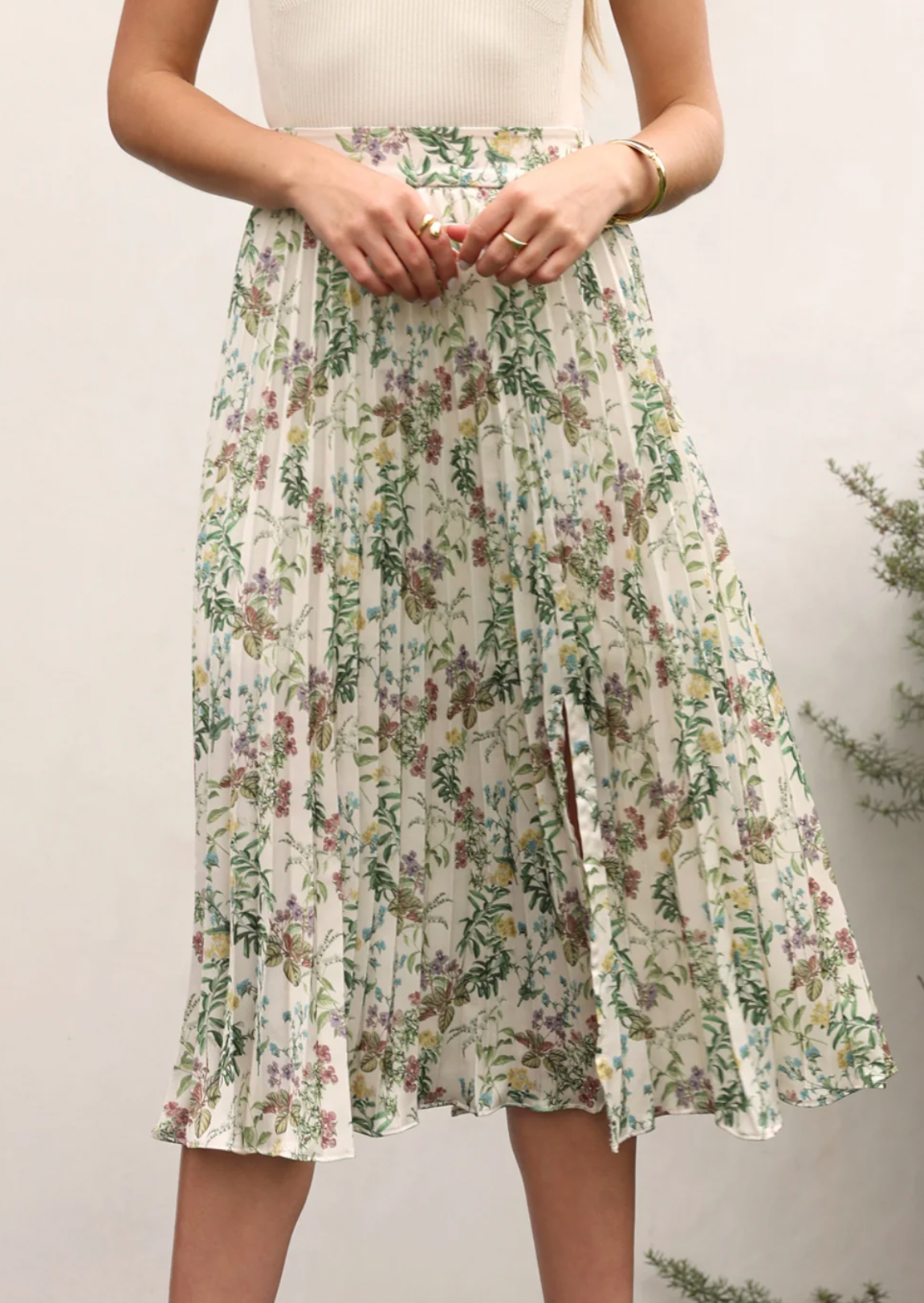 Jackie Pleated Midi Skirt- Ivory Meadow **Final Sale**