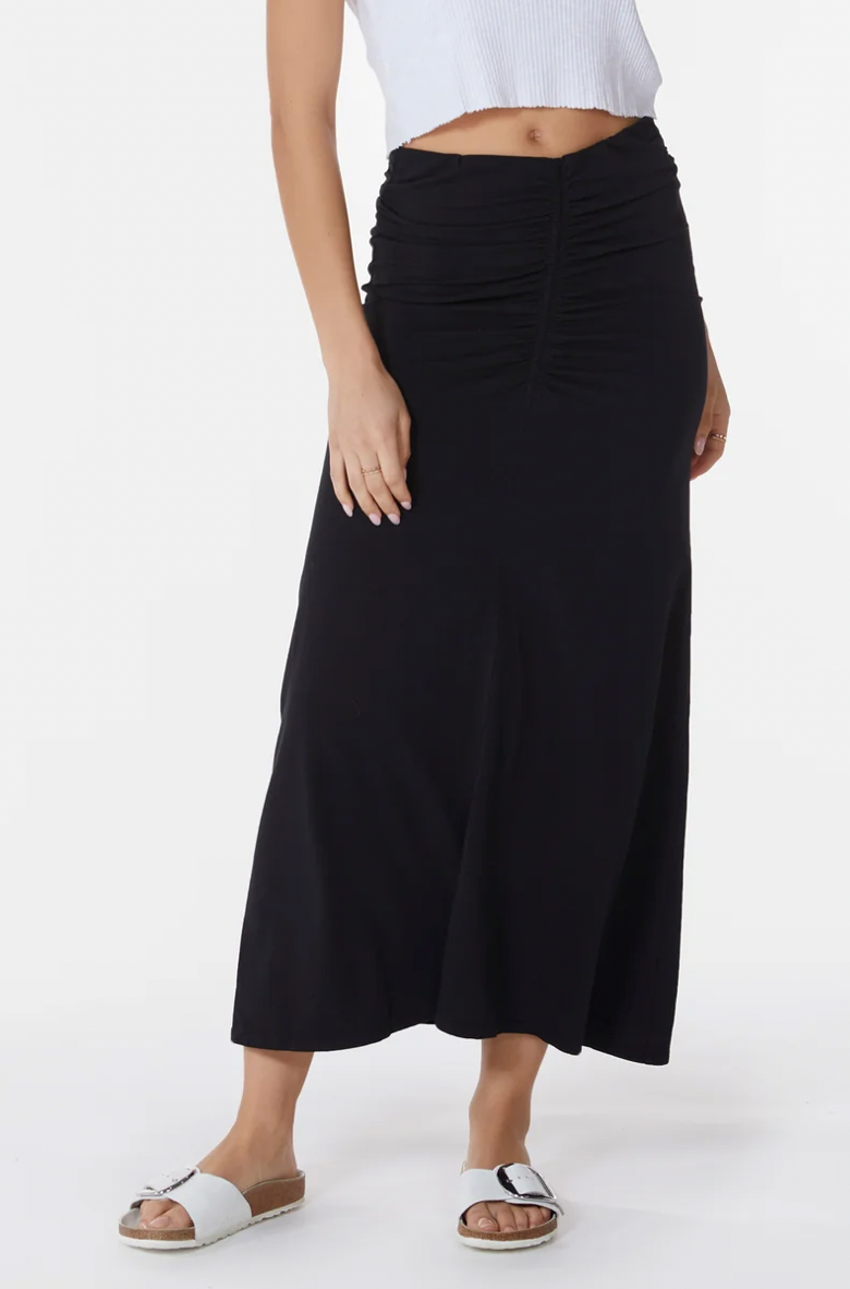 Center Front Shirred Maxi Skirt- Black
