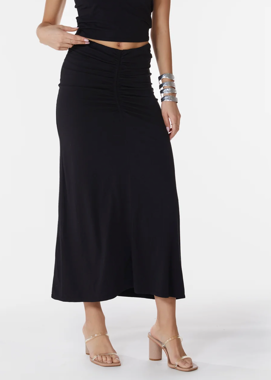 Center Front Shirred Maxi Skirt- Black