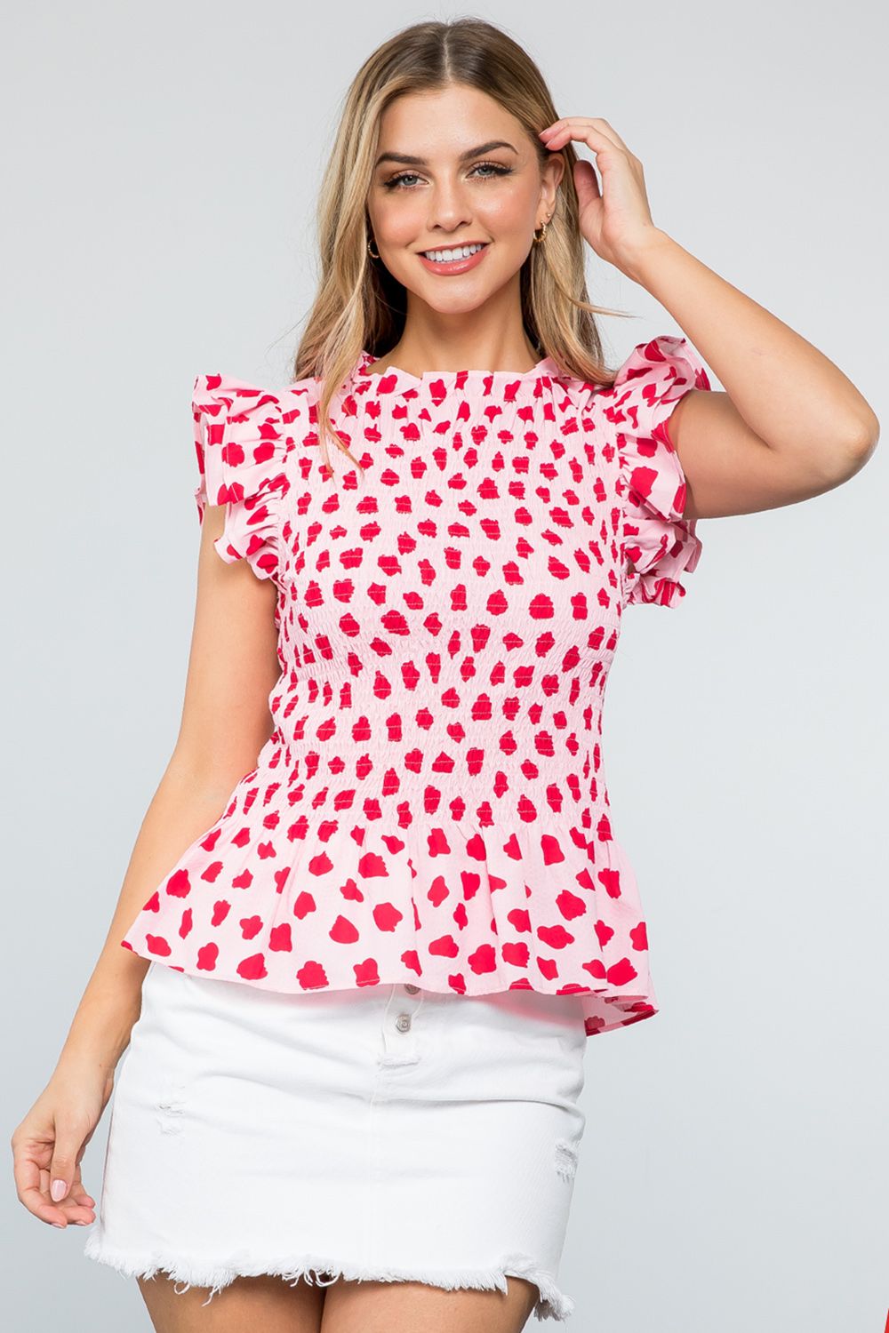 Smocked Spotted Print Top- Pink**FINAL SALE**