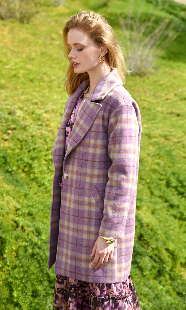 Tanya Wide Lapel Purple Check Coat