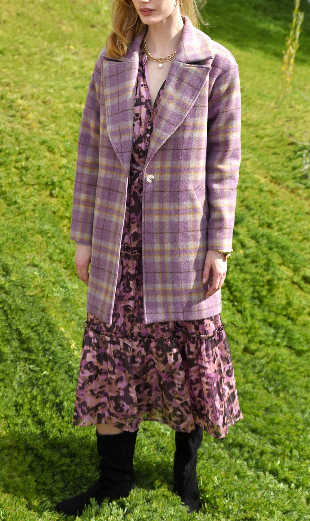 Tanya Wide Lapel Purple Check Coat**FINAL SALE**