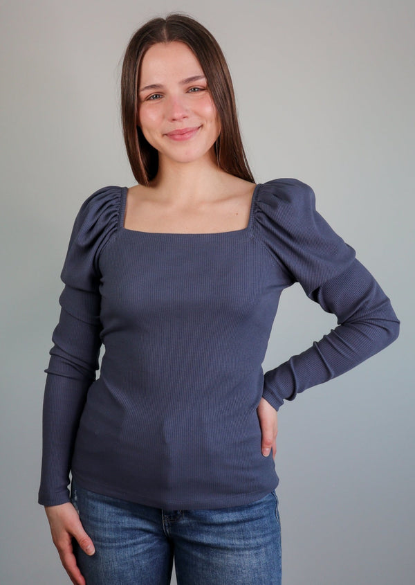 Shirred Square Neck Top—Grey **FINAL SALE**
