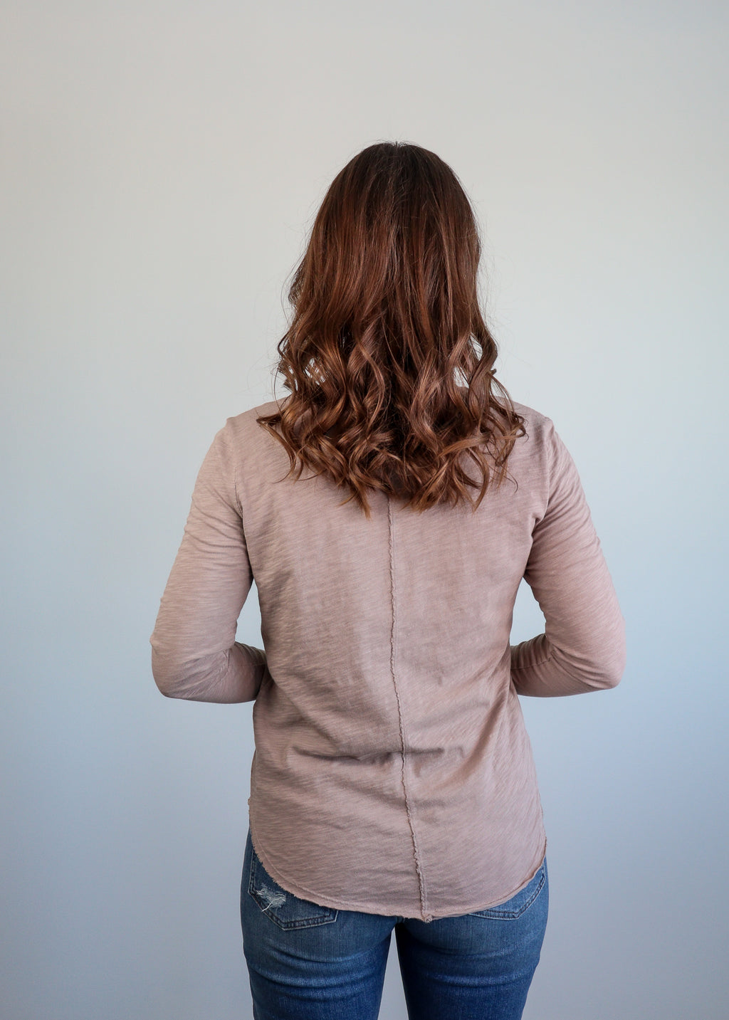 V-Neck Long Sleeve Front Seam Tee—Taupe