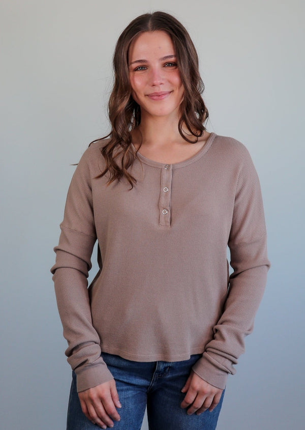 Drop Shoulder Henley Tee—Taupe