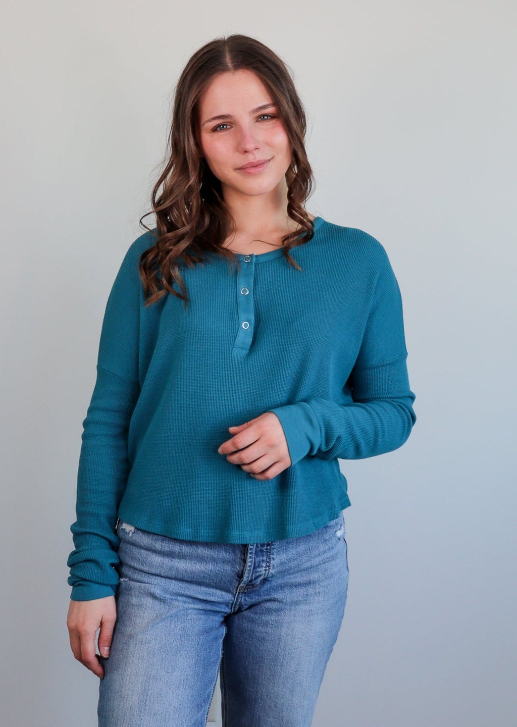 Drop Shoulder Henley Tee—Teal