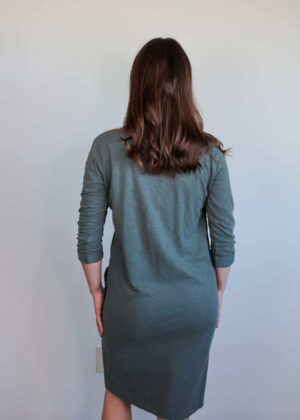Sleeve Tab V-Neck Dress—Green
