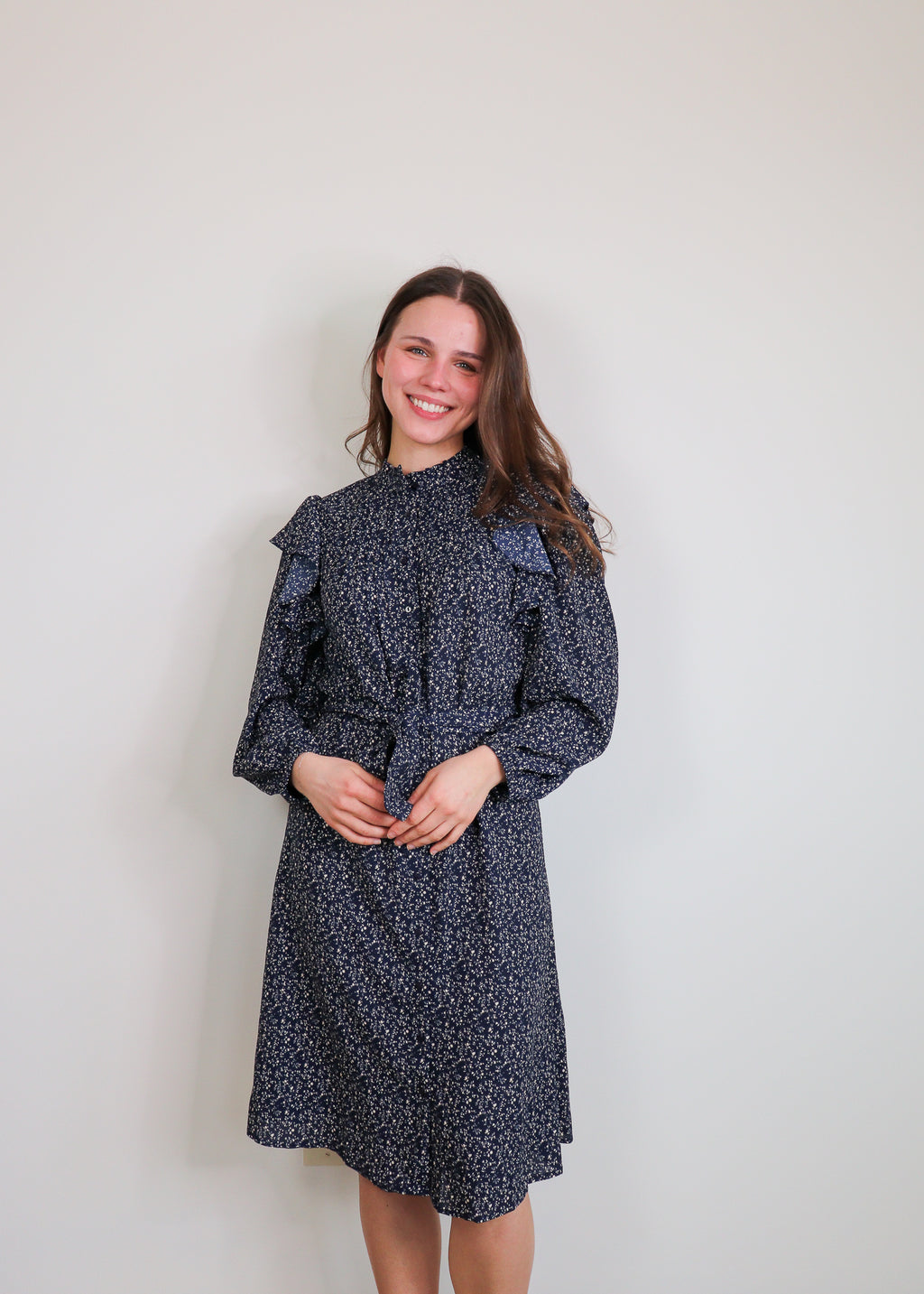 Salina Ruffle Dress—Navy Serene Print