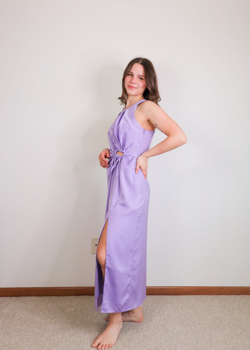 Fiona Lilac Satin "O" Ring Midi Dress