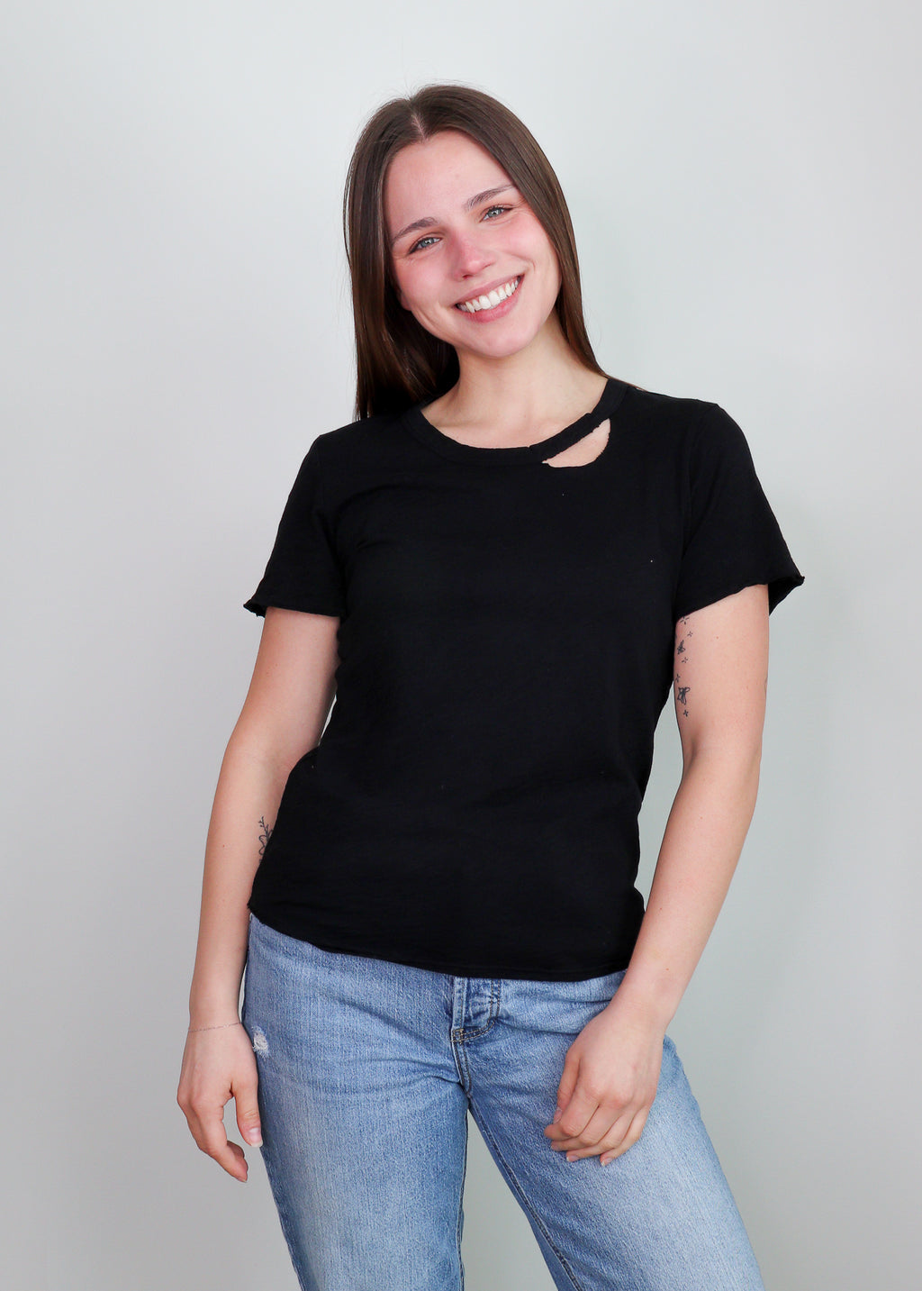 Distressed Scoop Neck Tee—Black