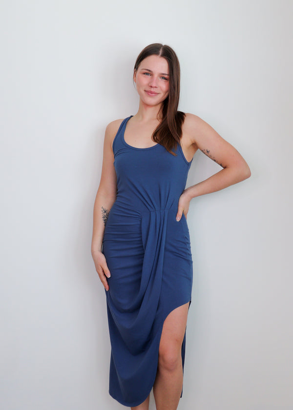 Draped Pleat Skirt Midi Dress—Coast Blue**FINAL SALE**