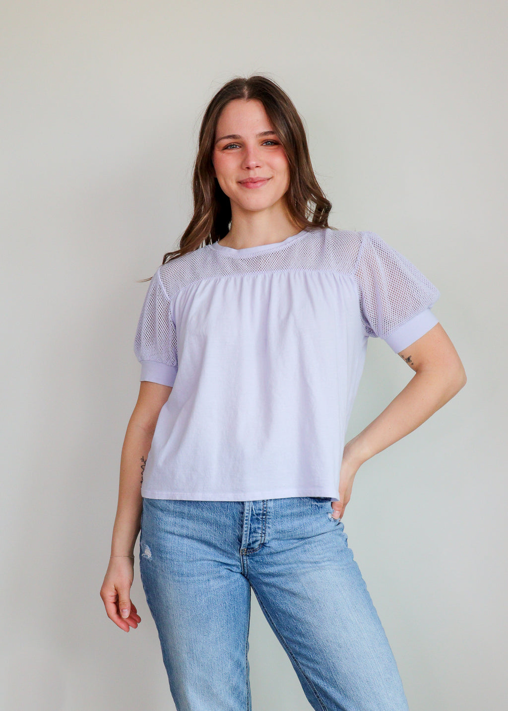 Mesh Inset Puff Sleeve Tee—French Lilac**FINAL SALE**