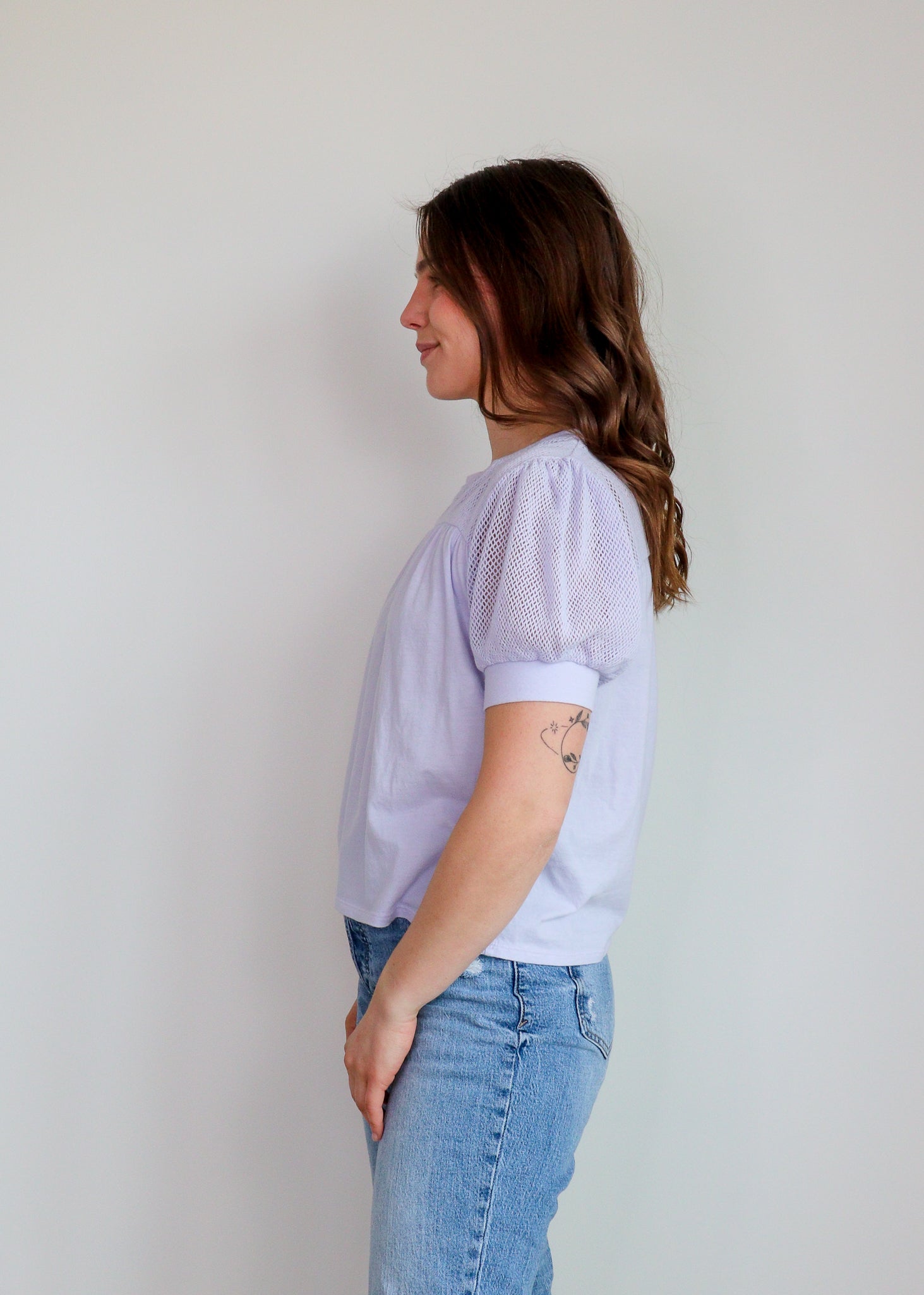 Mesh Inset Puff Sleeve Tee—French Lilac**FINAL SALE**AM