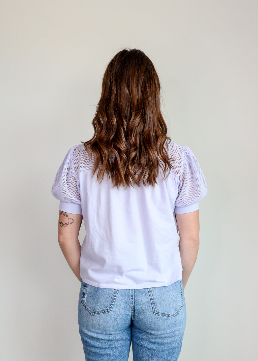 Mesh Inset Puff Sleeve Tee—French Lilac